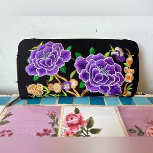 Boho Embroidered Black Purple Floral Zippered Clutch Wallet